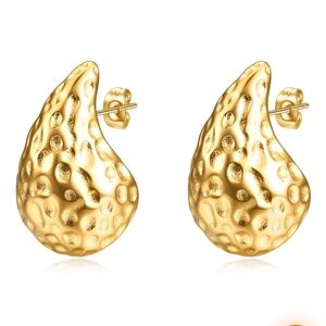 Gold Textured Teardrop Stud Earrings - Women Jewelry